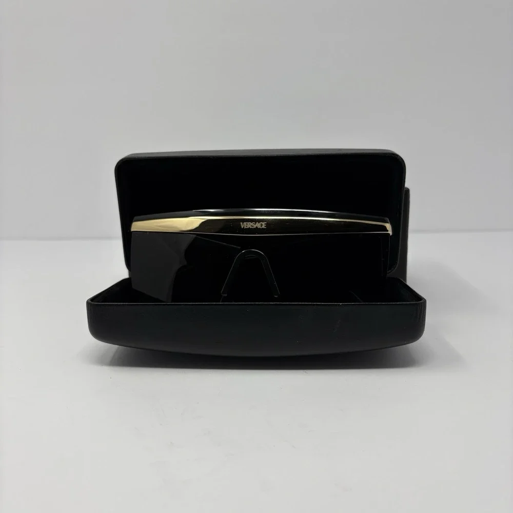 Versace Shield Sunglasses Black Gold Wraparound VE 2254 w/‎ Case & Box
